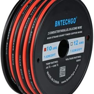 BNTECHGO 10 Gauge Flexible 2 Conductor Parallel Silicone Wire Spool Red Black High Resistant 200 deg C 600V for Single Color LED Strip Extension Cable Cord,Model,25ft Stranded Tinned Copper Wire