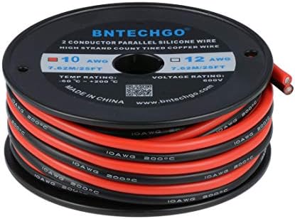 BNTECHGO 10 Gauge Flexible 2 Conductor Parallel Silicone Wire Spool Red Black High Resistant 200 deg C 600V for Single Color LED Strip Extension Cable Cord,Model,25ft Stranded Tinned Copper Wire - 画像 (2)