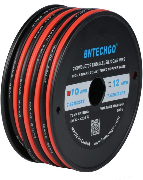 BNTECHGO 10 Gauge Flexible 2 Conductor Parallel Silicone Wire Spool Red Black High Resistant 200 deg C 600V for Single Color LED Strip Extension Cable Cord,Model,25ft Stranded Tinned Copper Wire - 画像 (8)