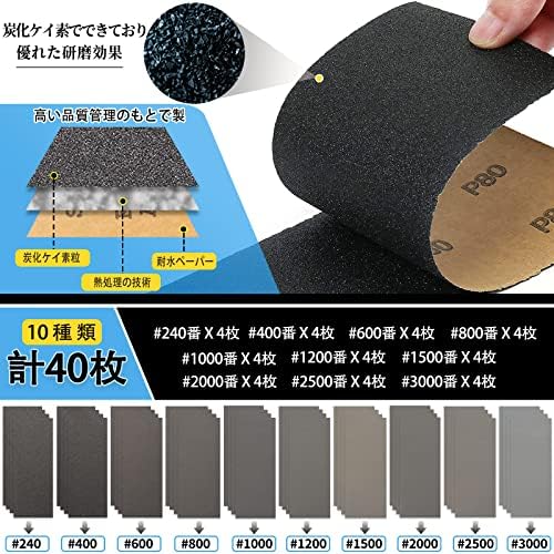 IROKCAKPT 紙やすり 耐水ペーパー 10種40枚セット 紙ヤスリ 230 mm x 93 mm サンドペーパー(240 400 600 800 1000 1200 1500 2000 2500 3000 各4枚)耐水ヤスリ,車 金属磨き 木工DIY作業に キッチンの掃に最適です - 画像 (4)