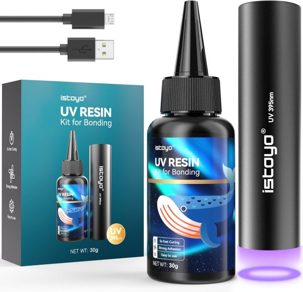 ISTOYO 30g強力瞬間接着剤、超多用途接着剤、uvランプ照射後4秒以内に急速に硬化でき、395 NM充電可能UV懐中電灯付き、金属、プラスチック、陶磁器 、ガラス、に使用できる、修復/固定/粘合/シール - 画像 (9)