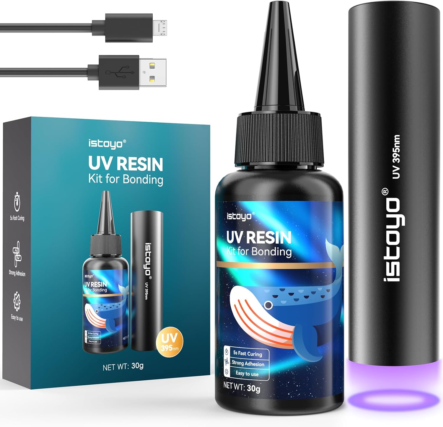 ISTOYO 30g強力瞬間接着剤、超多用途接着剤、uvランプ照射後4秒以内に急速に硬化でき、395 NM充電可能UV懐中電灯付き、金属、プラスチック、陶磁器 、ガラス、に使用できる、修復/固定/粘合/シール - 画像 (9)
